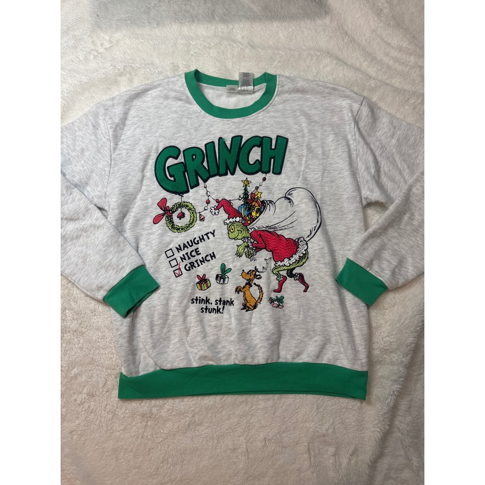 Dr Seuss The Grinch Sweatshirt Women XL Gray Good Embroidered Holiday Crewneck